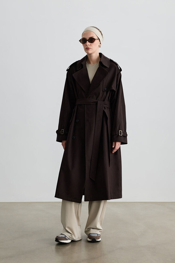 BE BLUE - KAHVERENGİ GABARDİN OVERSIZE TRENÇKOT