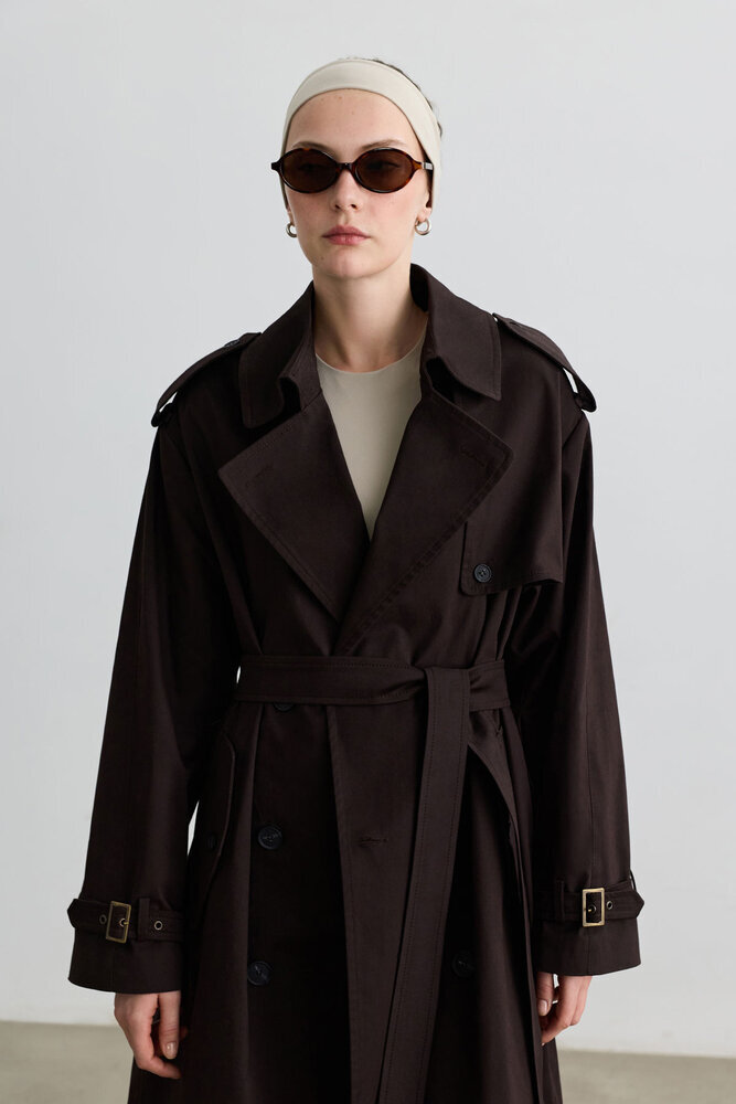 KAHVERENGİ GABARDİN OVERSIZE TRENÇKOT - Thumbnail