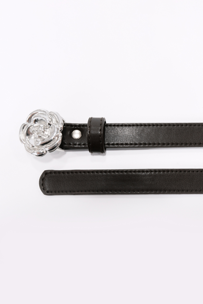 BE BLUE - KAHVERENGİ GÜMÜŞ ÇİÇEK TOKALI İNCE KEMER