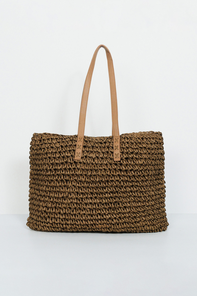 BE BLUE - KAHVERENGİ DERİ SAPLI HASIR ÇANTA