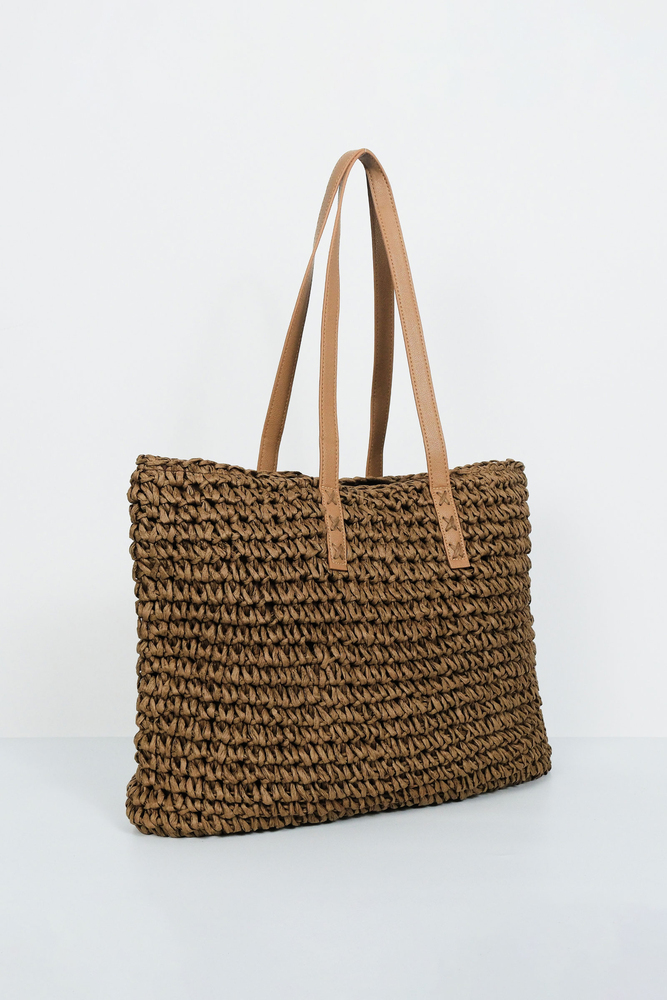 BE BLUE - KAHVERENGİ DERİ SAPLI HASIR ÇANTA