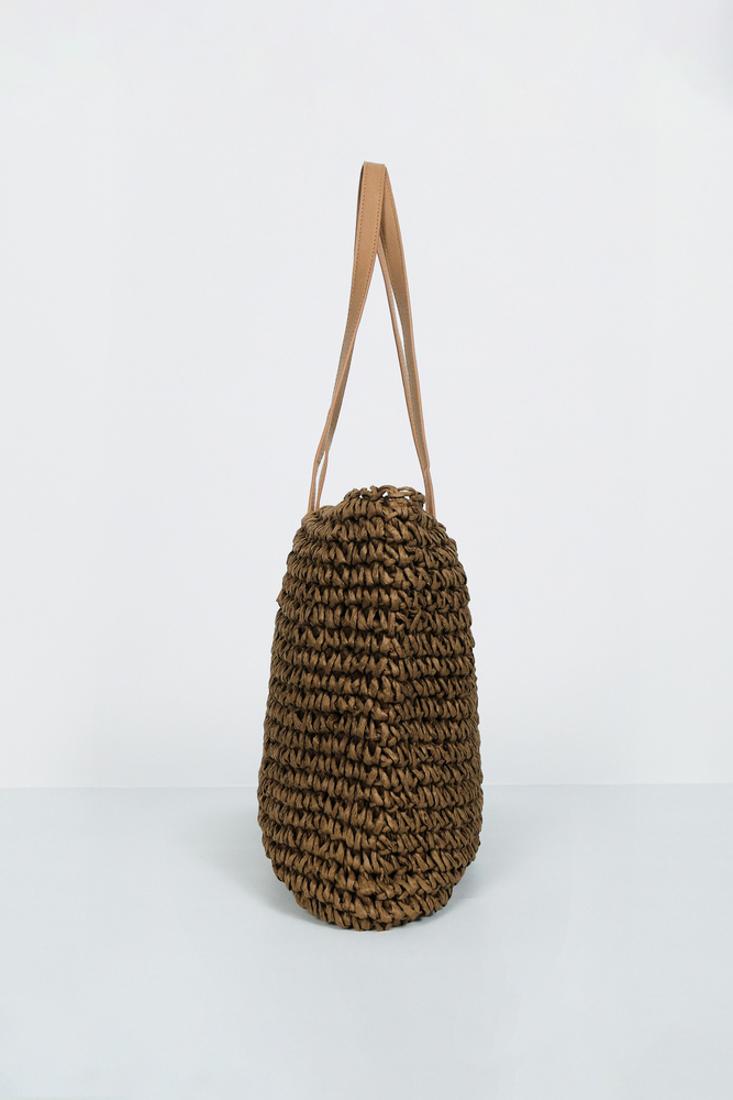 BE BLUE - KAHVERENGİ DERİ SAPLI HASIR ÇANTA