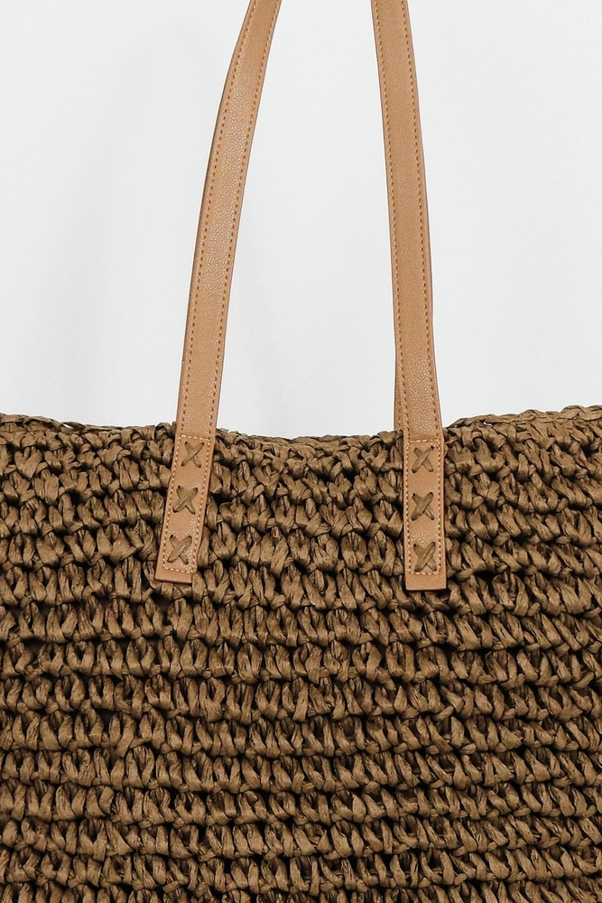 BE BLUE - KAHVERENGİ DERİ SAPLI HASIR ÇANTA