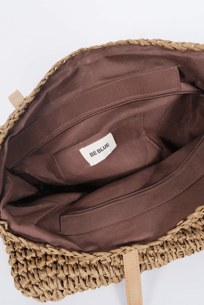 BE BLUE - KAHVERENGİ DERİ SAPLI HASIR ÇANTA