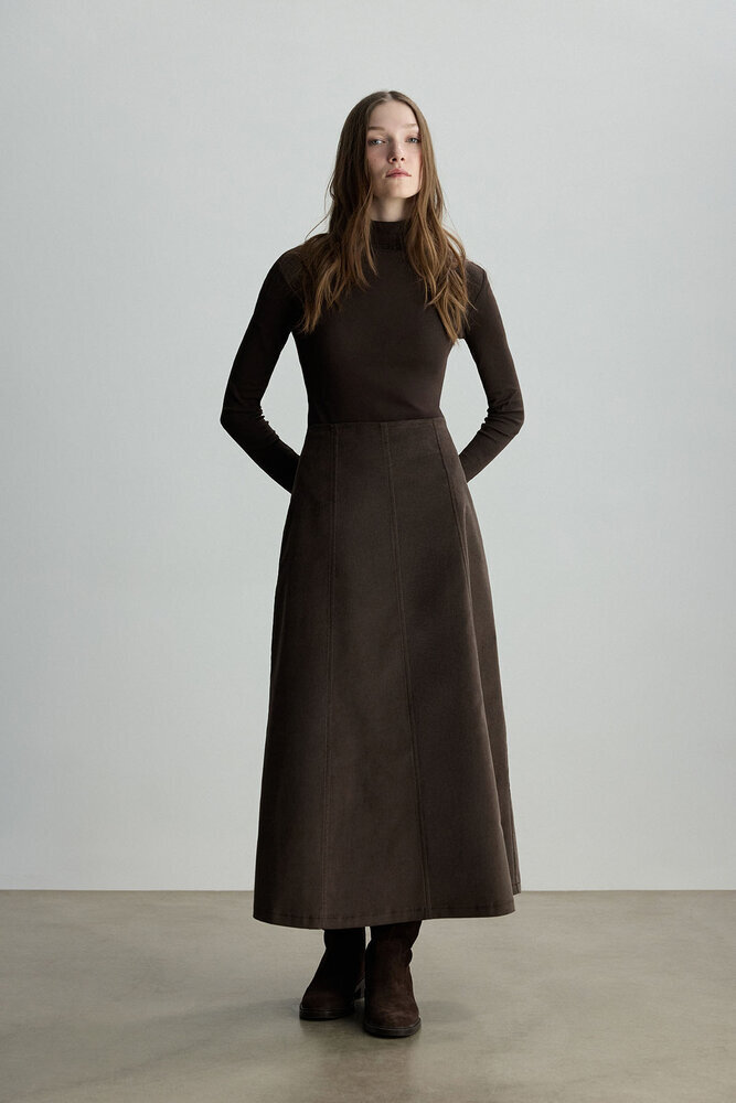 BE BLUE - KAHVERENGİ KADİFE PARÇALI ETEK