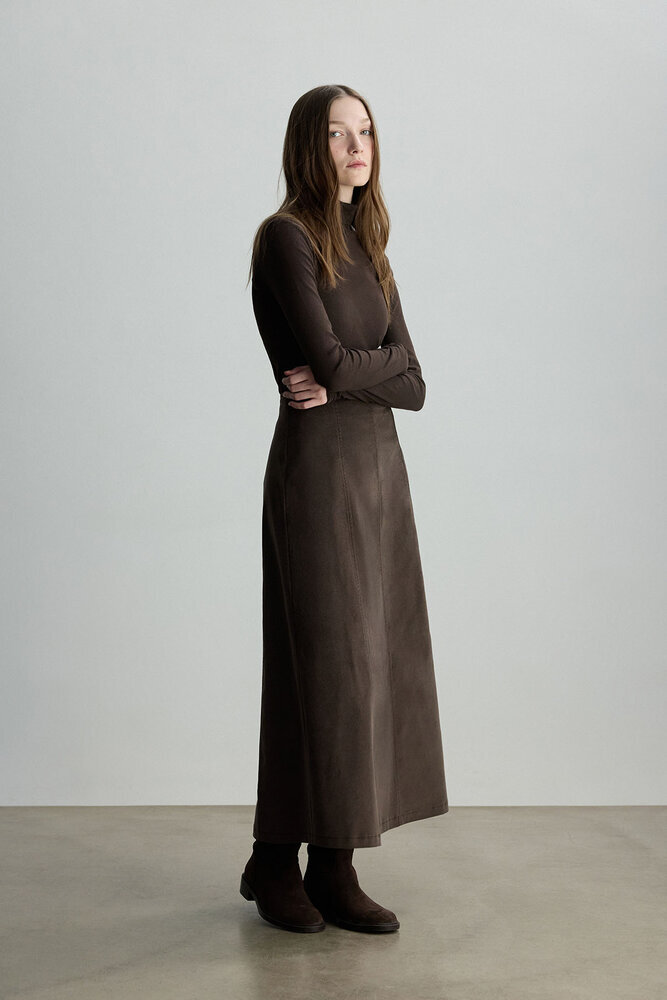 BE BLUE - KAHVERENGİ KADİFE PARÇALI ETEK