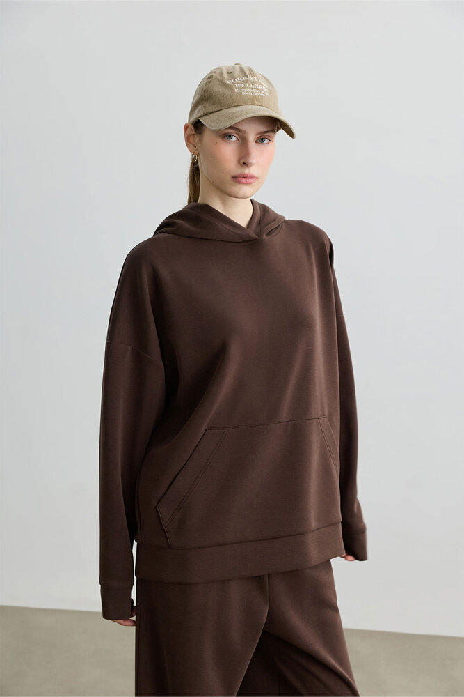 KAHVERENGİ KAPÜŞONLU İNCE SWEATSHIRT - Thumbnail