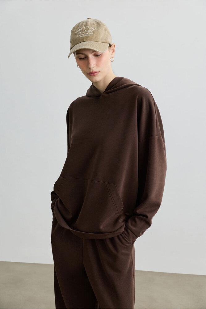 KAHVERENGİ KAPÜŞONLU İNCE SWEATSHIRT - Thumbnail