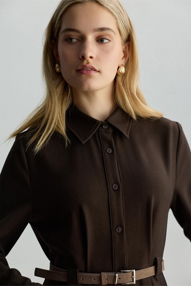 BE BLUE - KAHVERENGİ KEMER DETAYLI ELBİSE