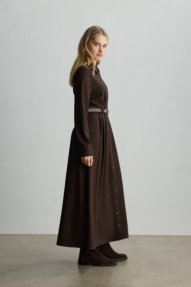 BE BLUE - KAHVERENGİ KEMER DETAYLI ELBİSE