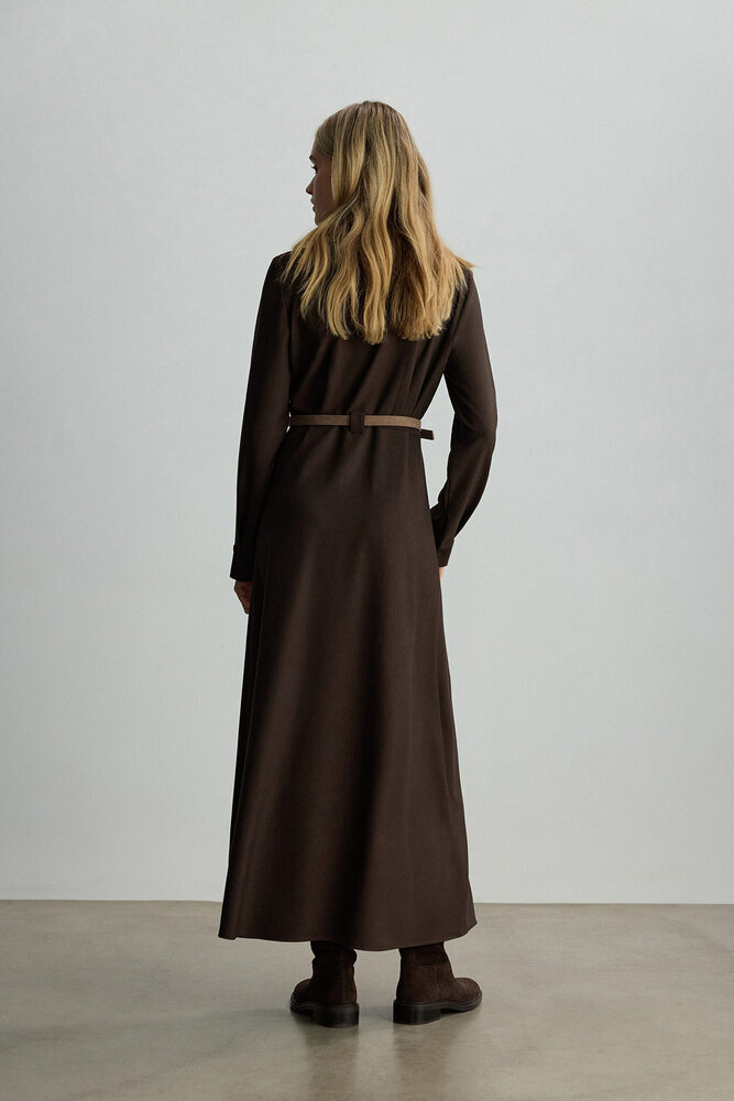 BE BLUE - KAHVERENGİ KEMER DETAYLI ELBİSE