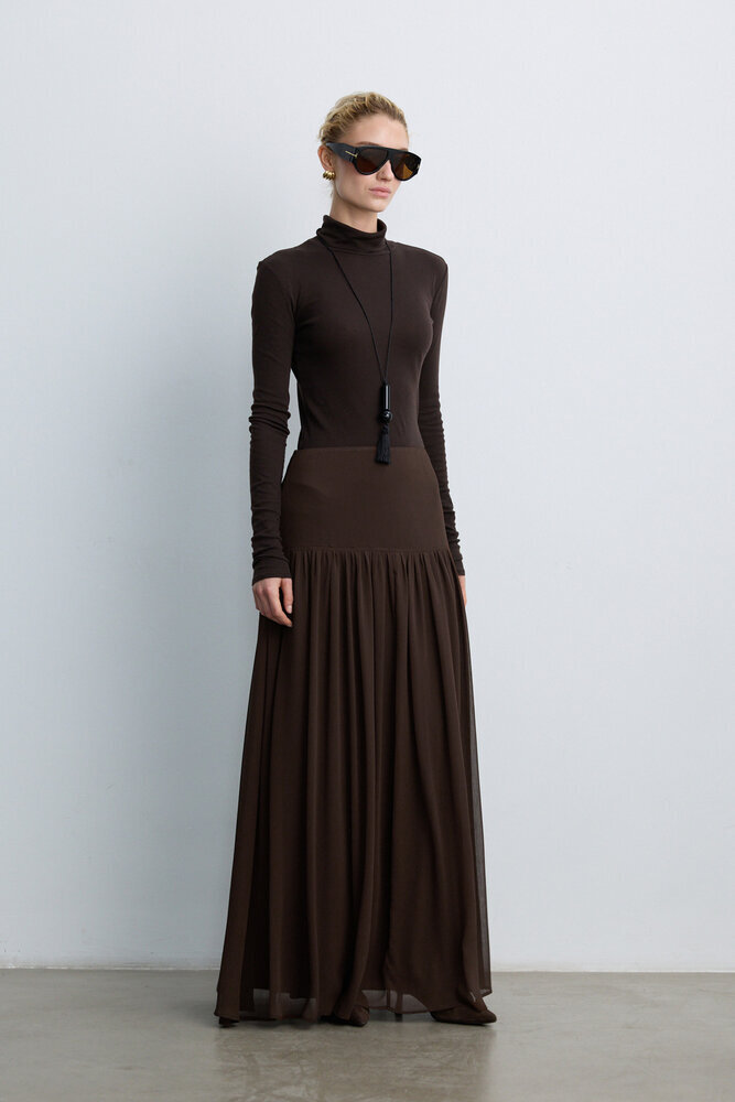 BE BLUE - KAHVERENGİ KORSAJLI UZUN ETEK