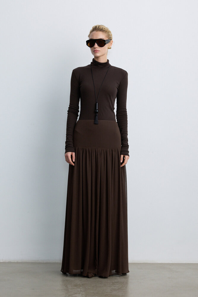 BE BLUE - KAHVERENGİ KORSAJLI UZUN ETEK