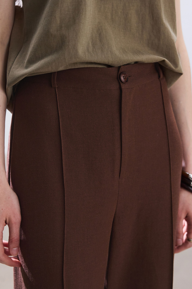 BE BLUE - KAHVERENGİ NERVÜRLÜ VİSKON KETEN PANTOLON