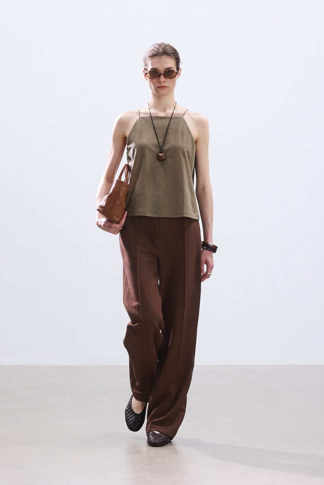 BE BLUE - KAHVERENGİ NERVÜRLÜ VİSKON KETEN PANTOLON