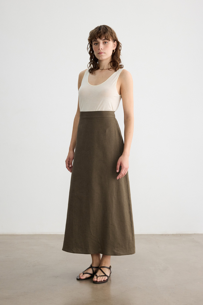 BE BLUE - KAHVERENGİ PAMUK KETEN ETEK