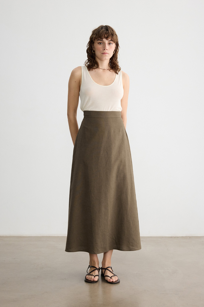 BE BLUE - KAHVERENGİ PAMUK KETEN ETEK