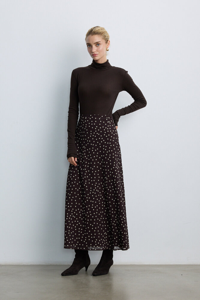 BE BLUE - KAHVERENGİ PUANTİYE DESENLİ ETEK