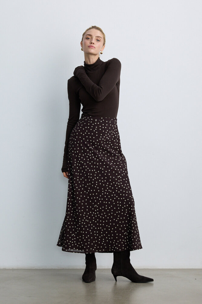 BE BLUE - KAHVERENGİ PUANTİYE DESENLİ ETEK