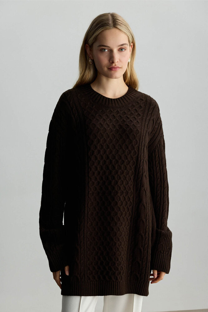 BE BLUE - KAHVERENGİ SAÇ ÖRGÜ KAZAK