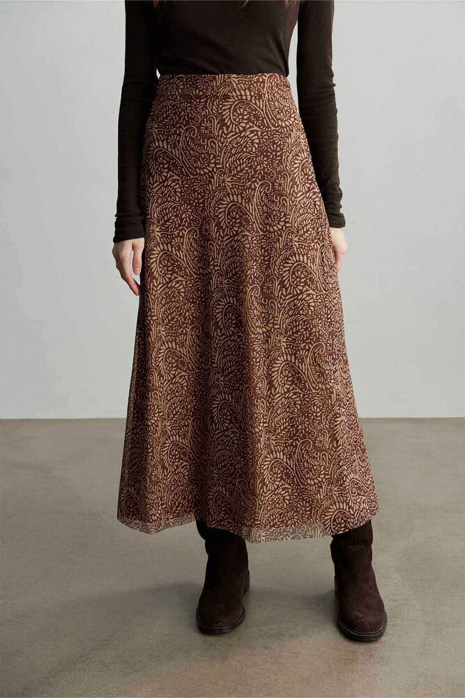 BE BLUE - KAHVERENGİ ŞAL DESENLİ TÜL ETEK