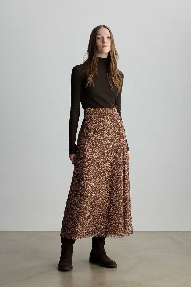 BE BLUE - KAHVERENGİ ŞAL DESENLİ TÜL ETEK