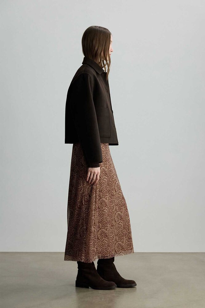 BE BLUE - KAHVERENGİ ŞAL DESENLİ TÜL ETEK