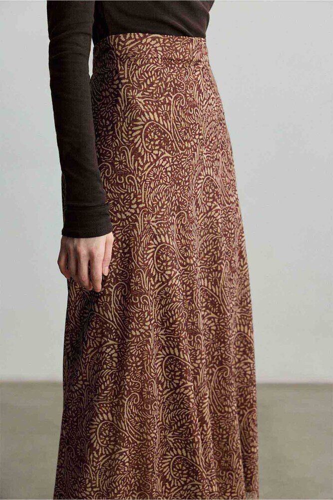 BE BLUE - KAHVERENGİ ŞAL DESENLİ TÜL ETEK