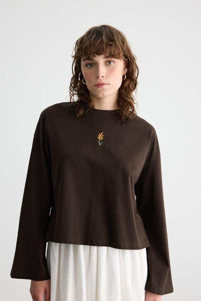 BE BLUE - KAHVERENGİ UZUN KOLLU NAKIŞLI T-SHIRT