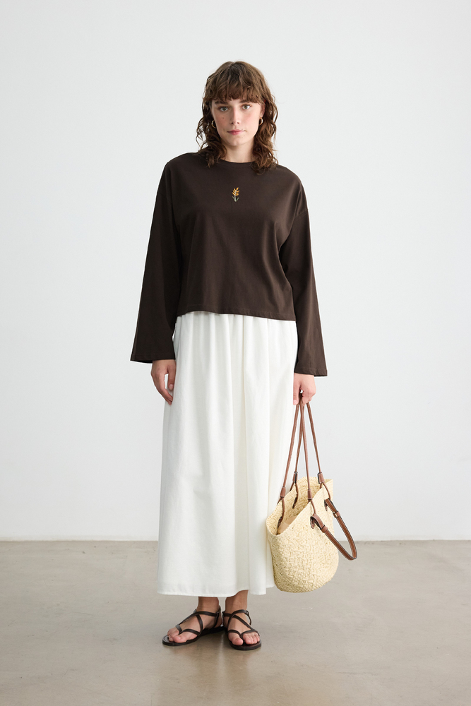 BE BLUE - KAHVERENGİ UZUN KOLLU NAKIŞLI T-SHIRT