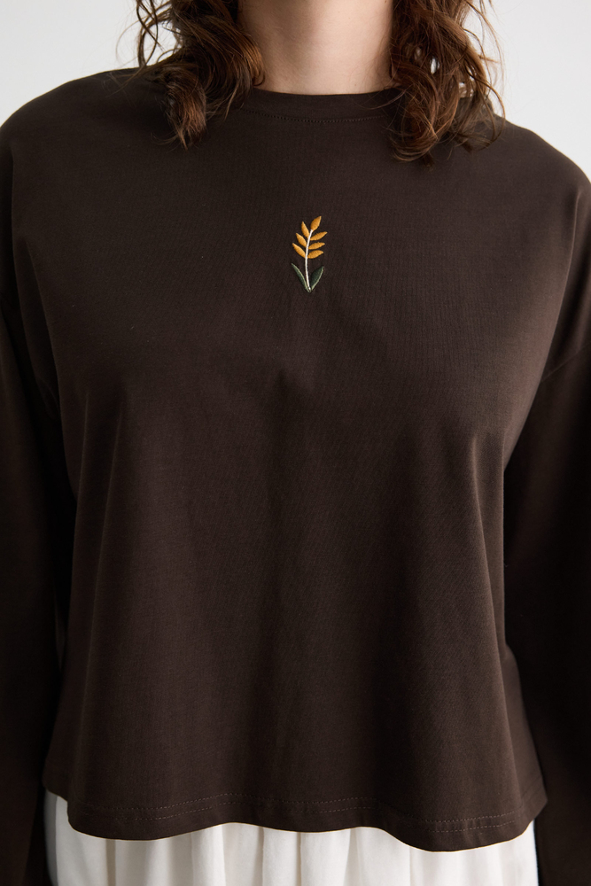 BE BLUE - KAHVERENGİ UZUN KOLLU NAKIŞLI T-SHIRT