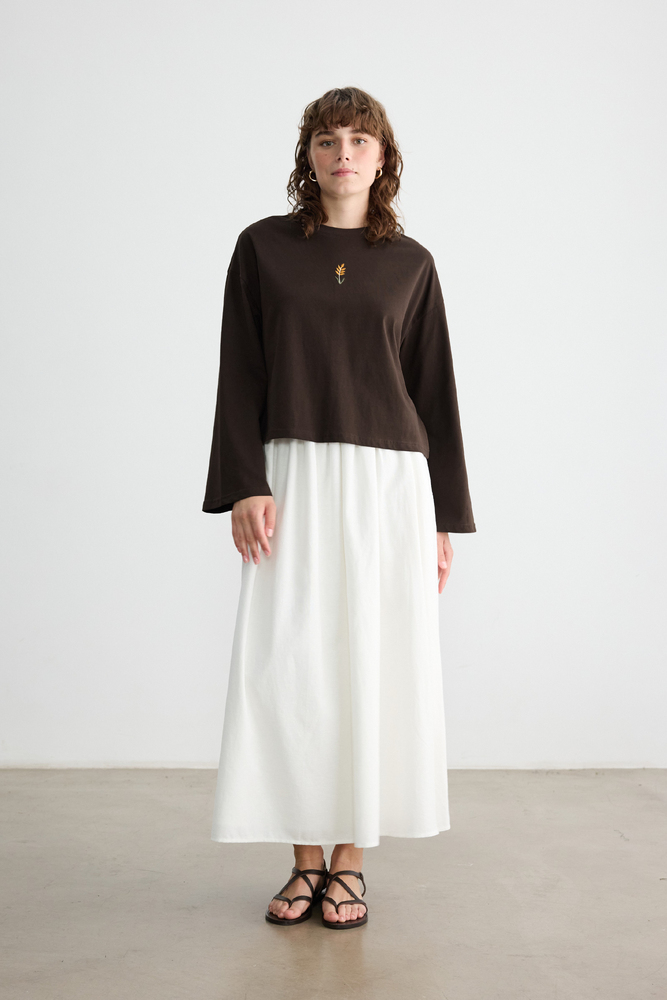 BE BLUE - KAHVERENGİ UZUN KOLLU NAKIŞLI T-SHIRT