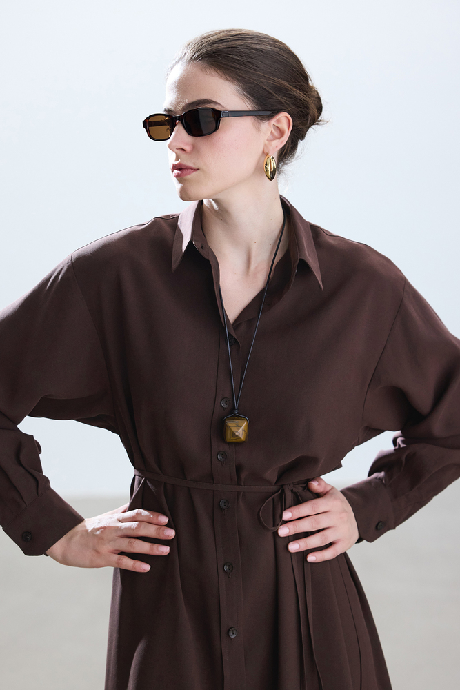 BE BLUE - KAHVERENGİ VINTAGE GÖMLEK ELBİSE