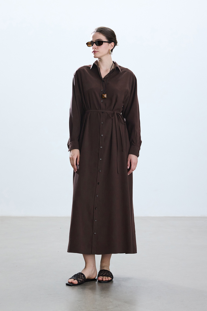 BE BLUE - KAHVERENGİ VINTAGE GÖMLEK ELBİSE