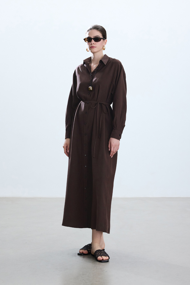 BE BLUE - KAHVERENGİ VINTAGE GÖMLEK ELBİSE