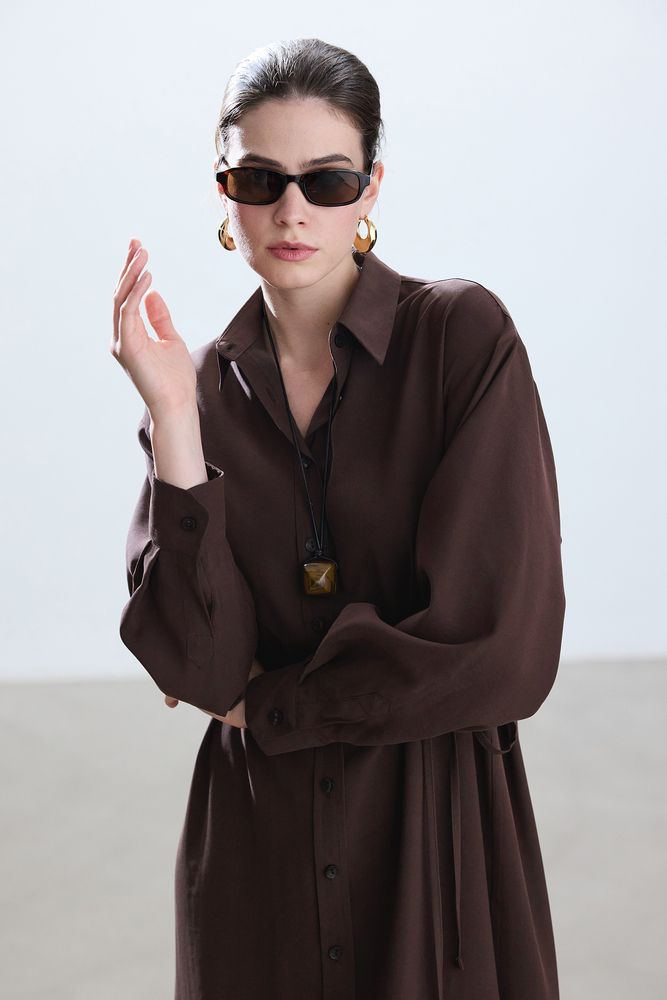 BE BLUE - KAHVERENGİ VINTAGE GÖMLEK ELBİSE