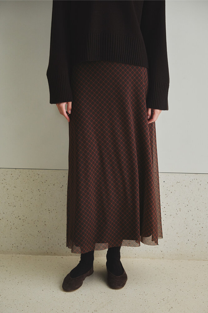 BE BLUE - KİREMİT EKOSE DESENLİ TÜL ETEK