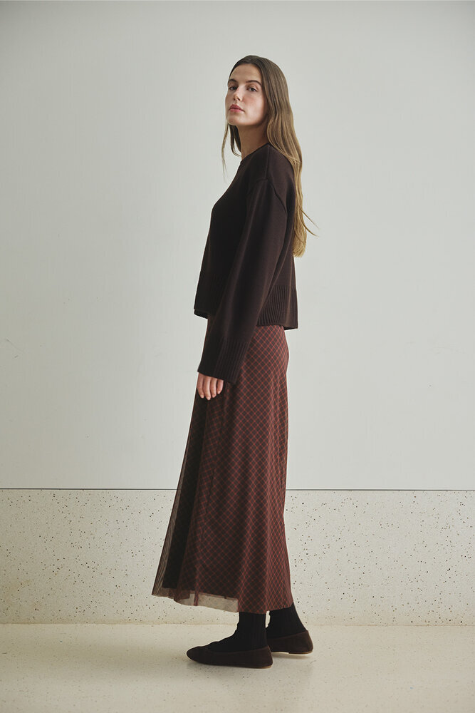 BE BLUE - KİREMİT EKOSE DESENLİ TÜL ETEK