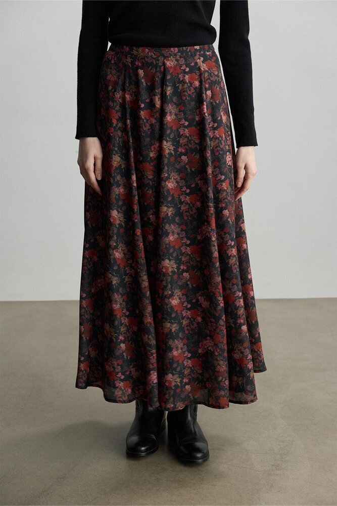 BE BLUE - KIRMIZI ÇİÇEK DESENLİ ŞİFON ETEK