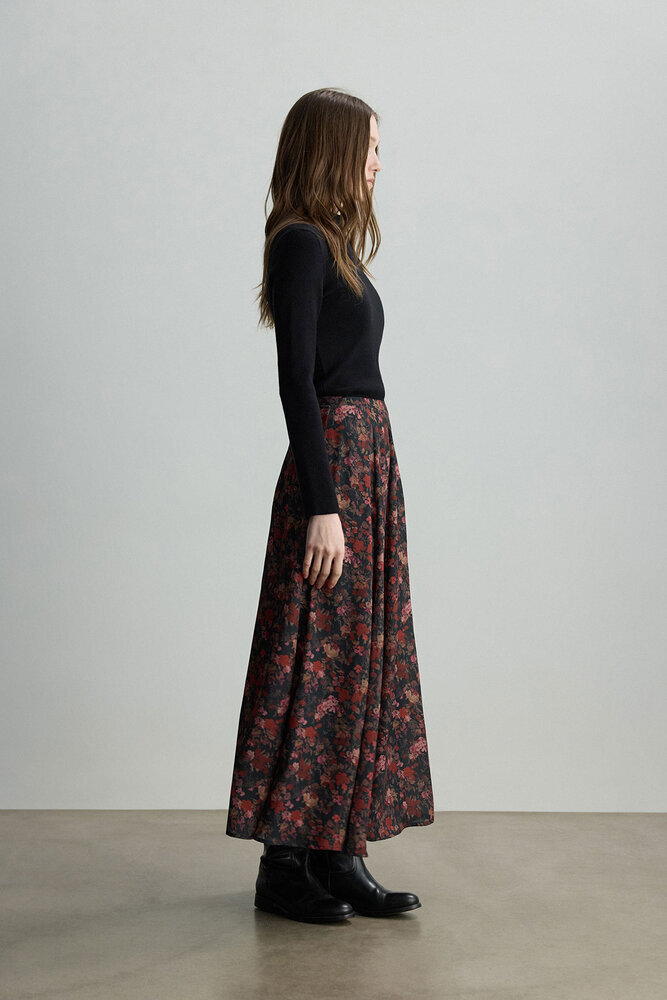 BE BLUE - KIRMIZI ÇİÇEK DESENLİ ŞİFON ETEK