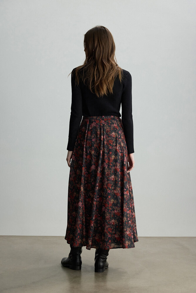 BE BLUE - KIRMIZI ÇİÇEK DESENLİ ŞİFON ETEK