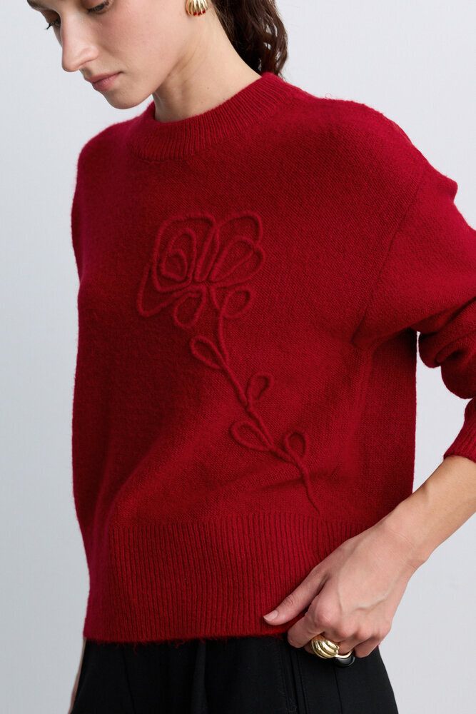 BE BLUE - KIRMIZI ÇİÇEK DETAYLI TRİKO KAZAK