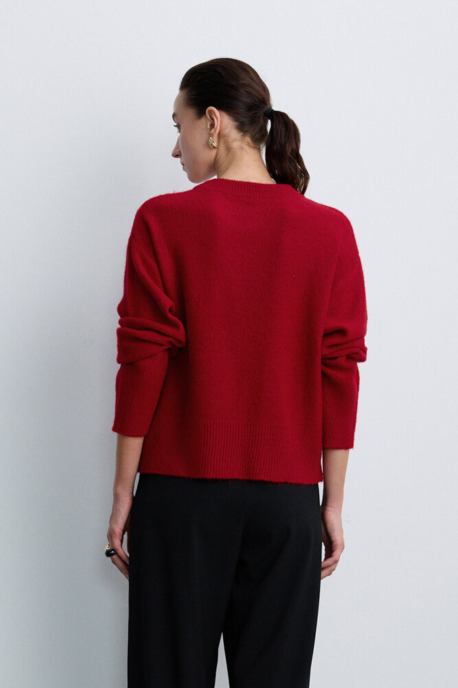 BE BLUE - KIRMIZI ÇİÇEK DETAYLI TRİKO KAZAK