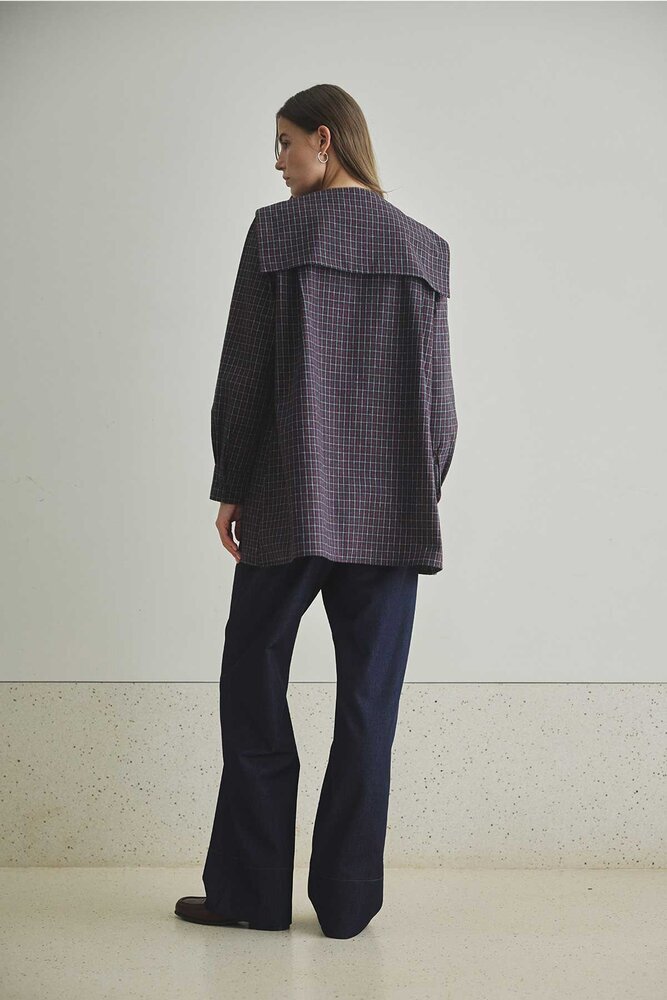 BE BLUE - KIRMIZI EKOSE YAKA DETAYLI GÖMLEK