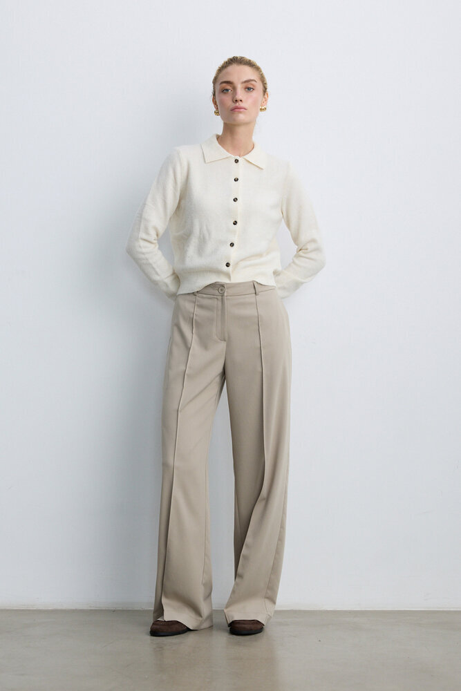 BE BLUE - KOYU BEJ NERVÜRLÜ GENİŞ PAÇA PANTOLON