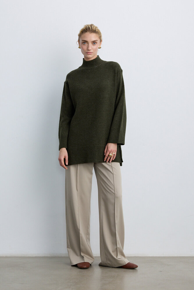 BE BLUE - KOYU BEJ NERVÜRLÜ GENİŞ PAÇA PANTOLON