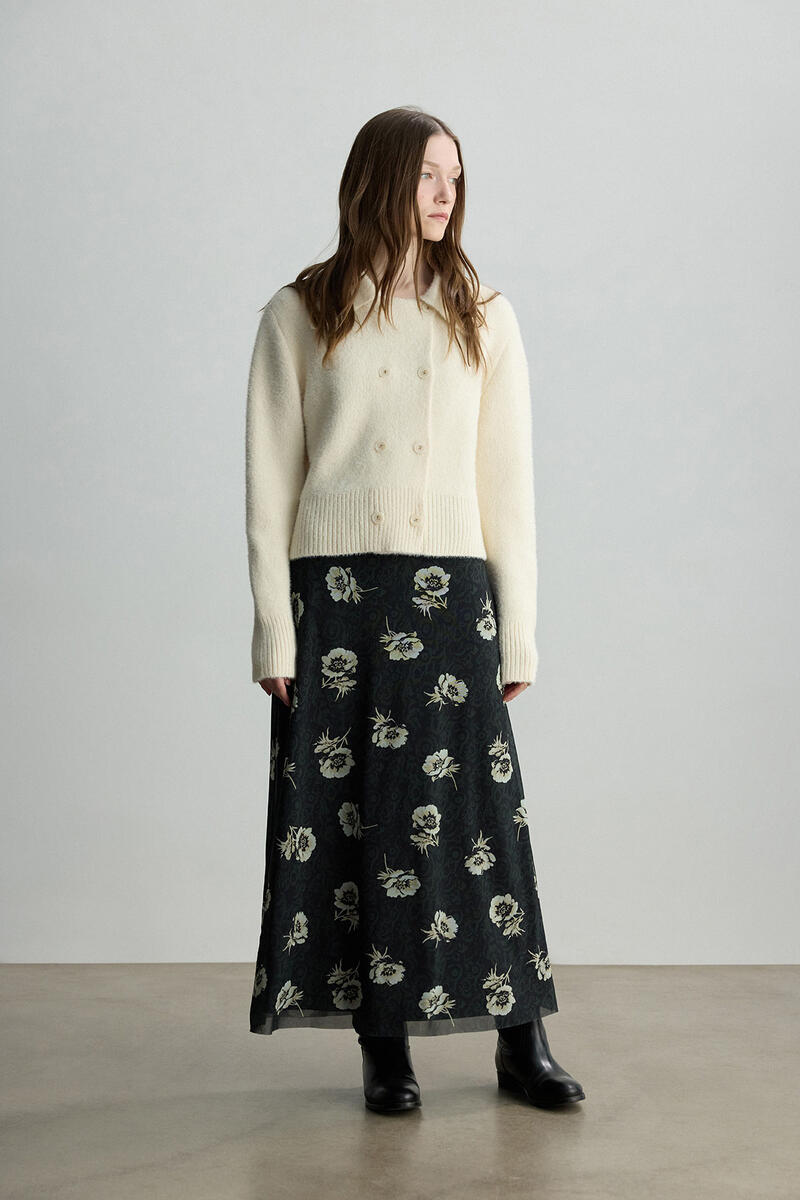 KOYU YEŞİL FLORAL DESENLİ TÜL ETEK