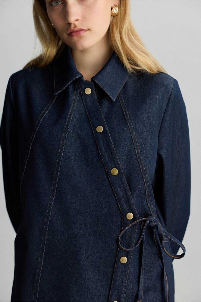 BE BLUE - LACİVERT ASİMETRİK KAPAMALI DENİM CEKET