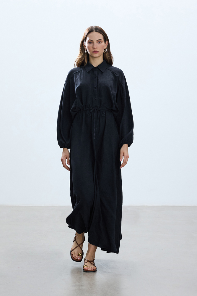 BE BLUE - LACİVERT BELİ BÜZGÜLÜ ELBİSE