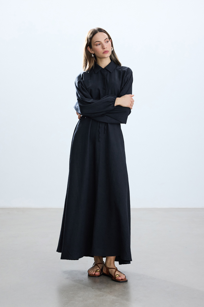 BE BLUE - LACİVERT BELİ BÜZGÜLÜ ELBİSE